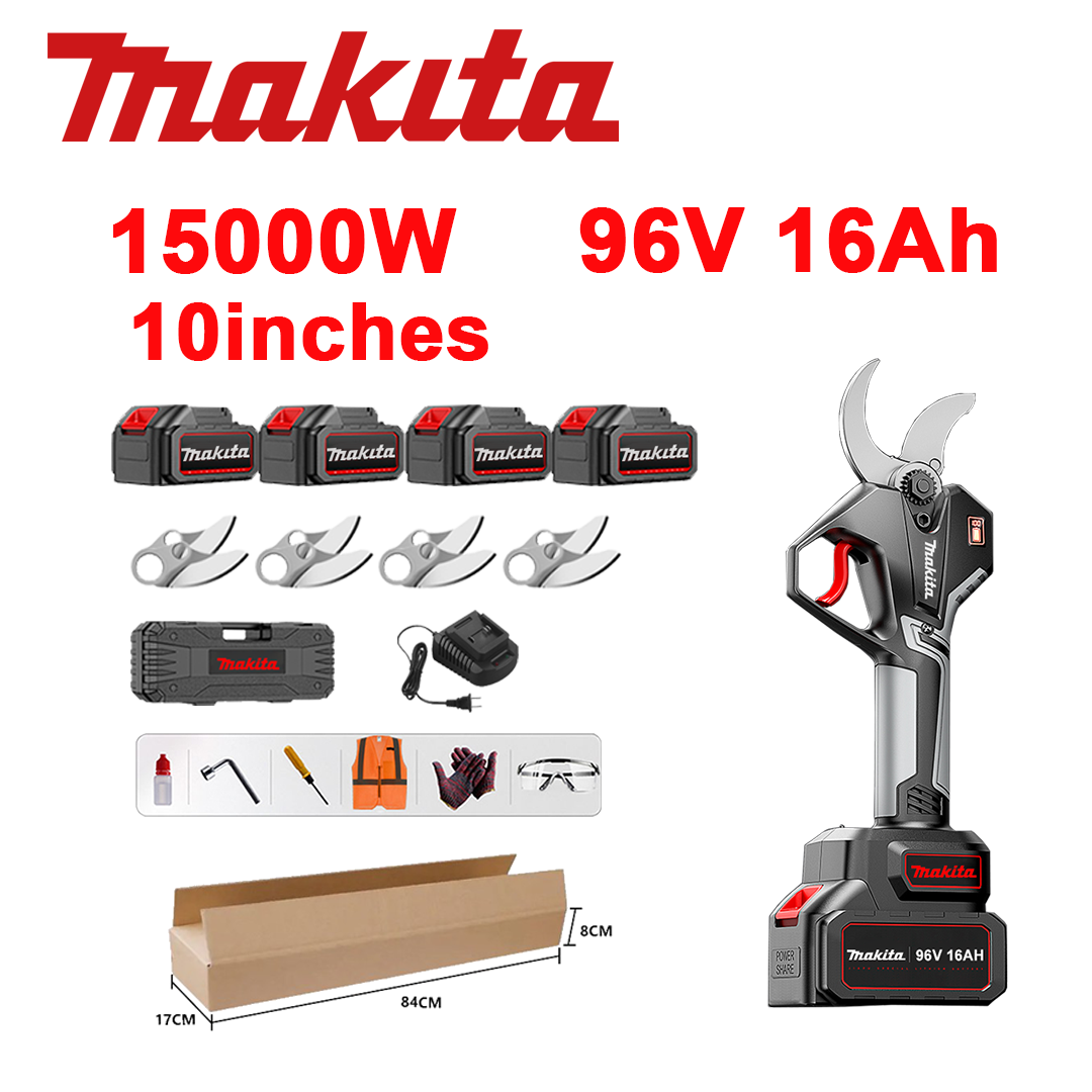 Tesoura de poda sem escovas de 10 polegadas com bateria de lítio, potência de 15.000 W, bateria de 96 V 16,0 Ah*4, carregador, lâmina SK9*4, caixa de ferramentas, óleo lubrificante e óculos de segurança, garantia de cinco anos.