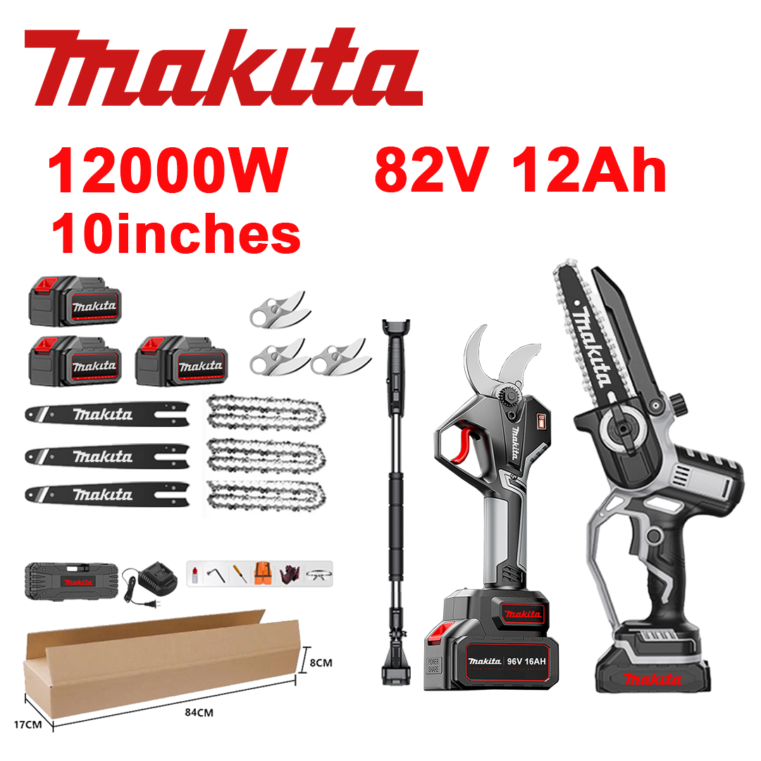 Indicador de tensão LED (duração da bateria: 18 horas). Serra de iões de lítio de 10 polegadas e 12.000 W + tesoura de poda + bateria de 82 V e 12,0 Ah*3 + carregador + barras*3 + correntes*3 + lâminas de liga SK9*3 + haste telescópica*1 (telescópica de 150 cm a 450 cm) + ferramenta de proteção contra óleo+1