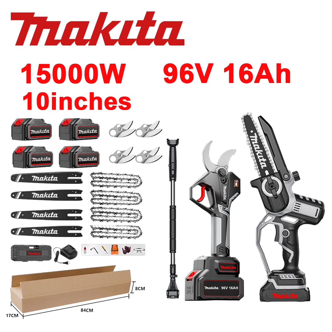 Indicador de tensão LED (duração da bateria: 36 horas). Serra de iões de lítio de 10 polegadas e 15.000 W + tesoura de poda + bateria de 96 V e 16,0 Ah*4 + carregador + barras-guia*4 + correntes*4 + lâminas de liga SK9*4 + haste telescópica*1 (extensível de 150 cm a 450 cm) + 1 ferramenta de segurança.
